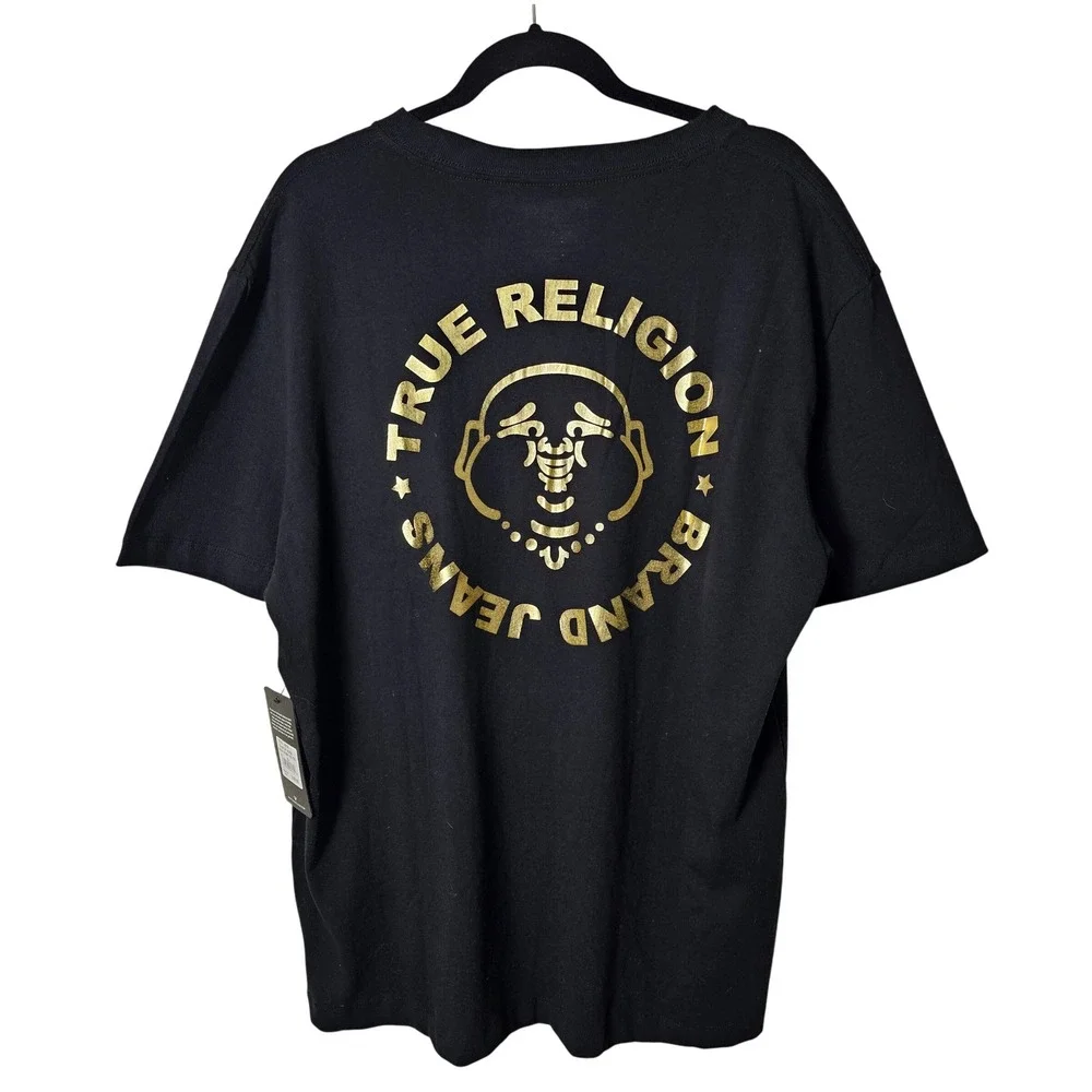 NWT True Religion XL Heavy Stamp Foil‎ Tee Black Gold Buddha T Shirt Graphic Tee